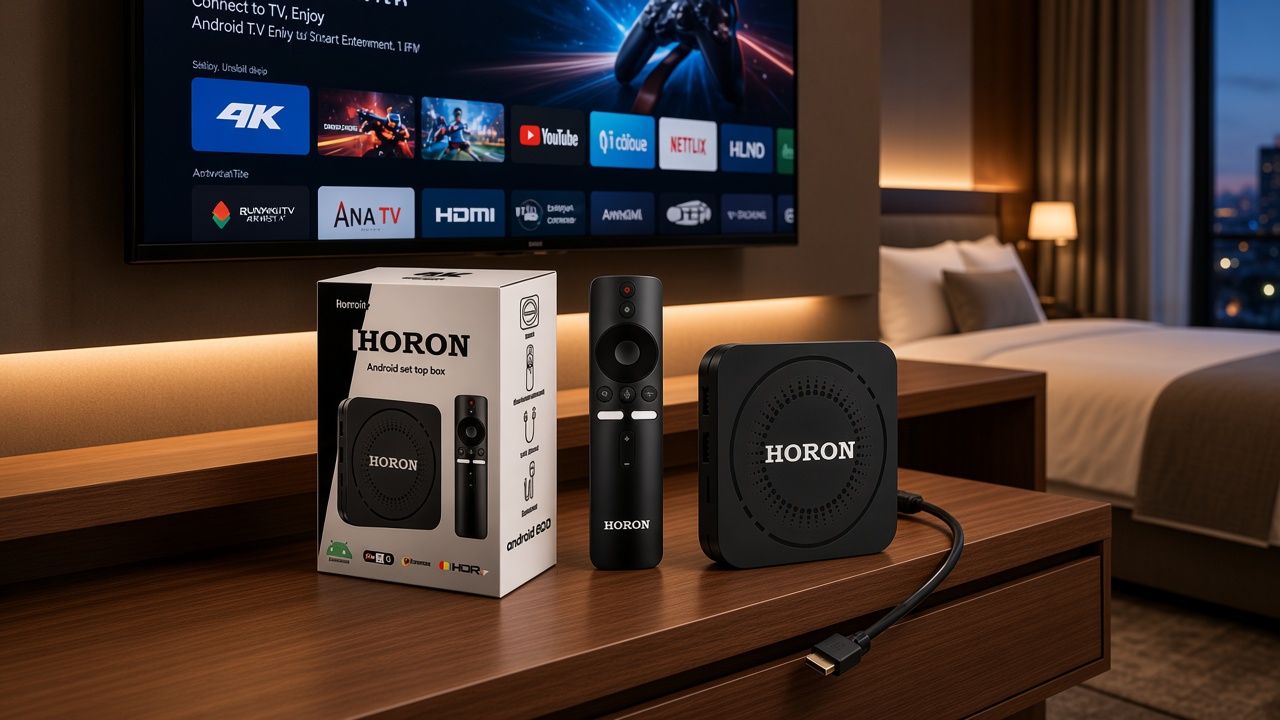 Hotel room television with a commercial Android TV box and remote on the media shelf
