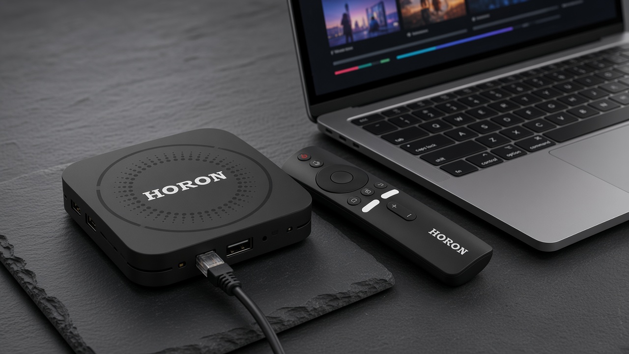 Commercial Android TV box and remote beside a laptop used to check a content playlist