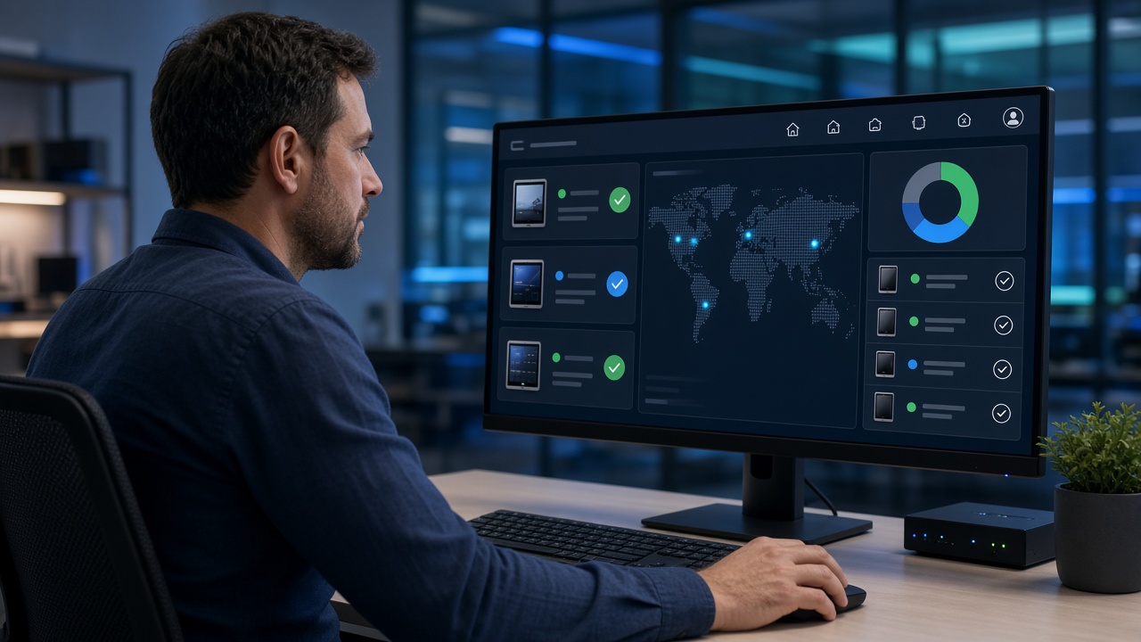 Enterprise MDM dashboard managing a fleet of Android tablets and digital signage players