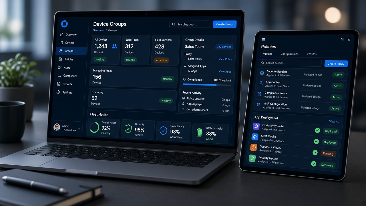 Enterprise mobility management console showing device groups, policies and fleet health