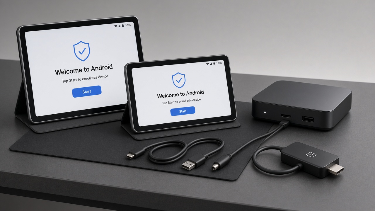 Commercial Android tablets, TV box and HDMI stick prepared for enterprise MDM enrollment