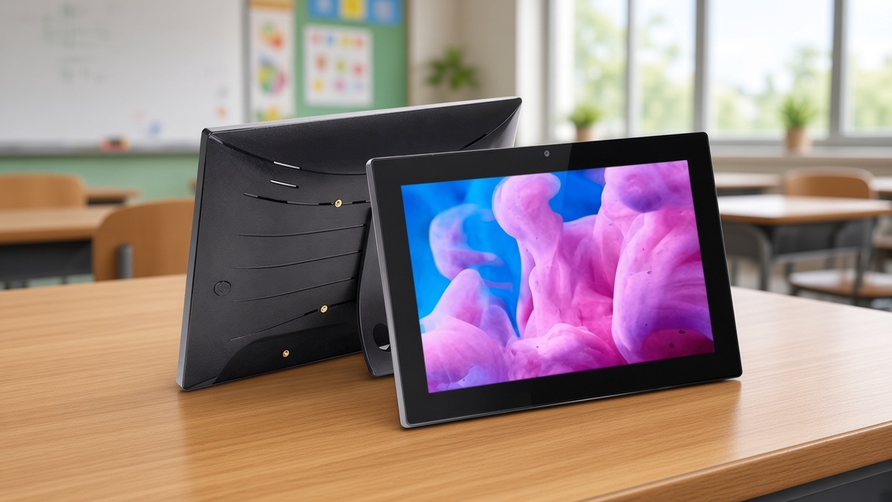 Industrial Android tablet on a classroom desk, front screen and rear housing visible