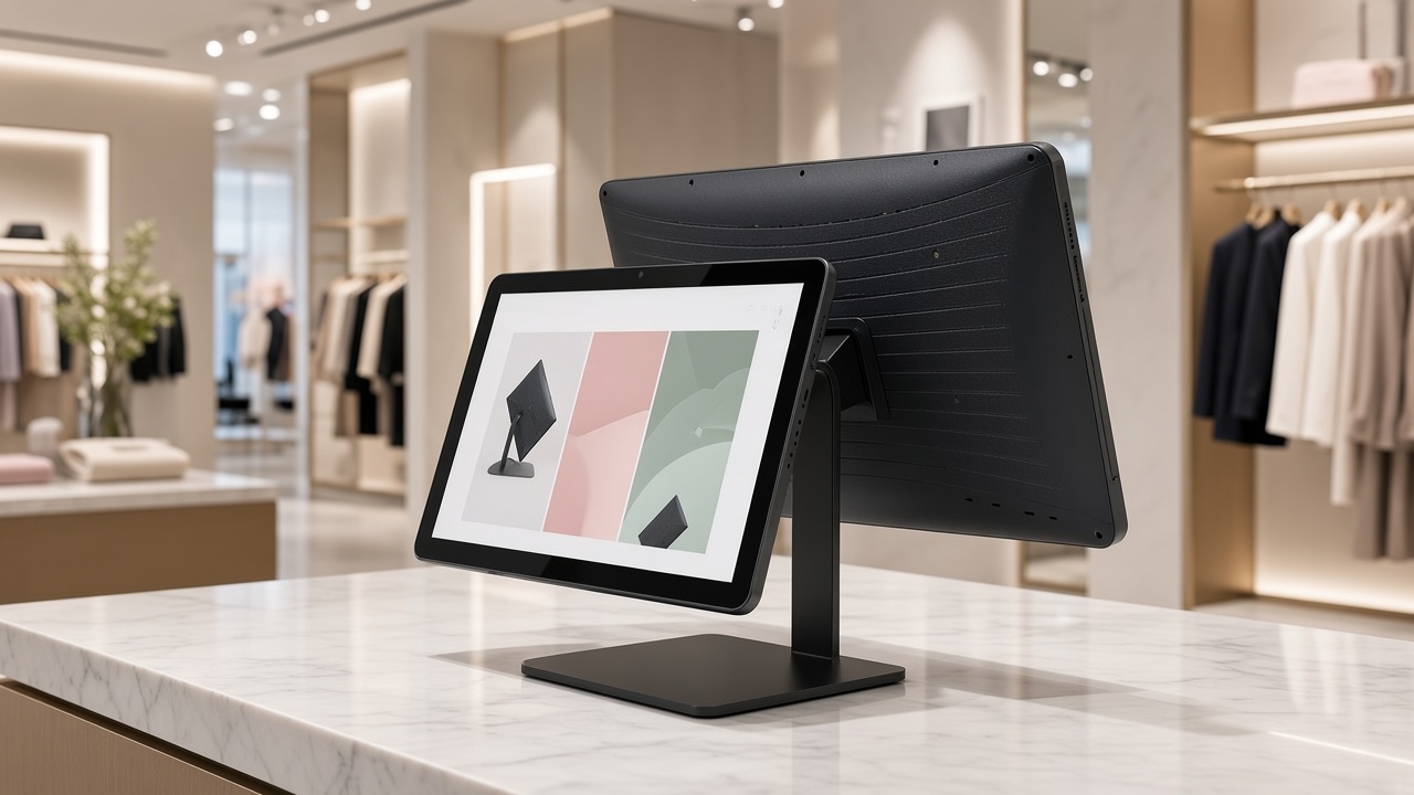 Industrial Android tablet on a stand at a retail counter
