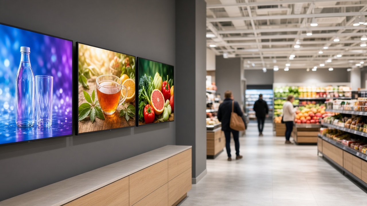 Modern retail store interior with wall-mounted commercial digital signage screens
