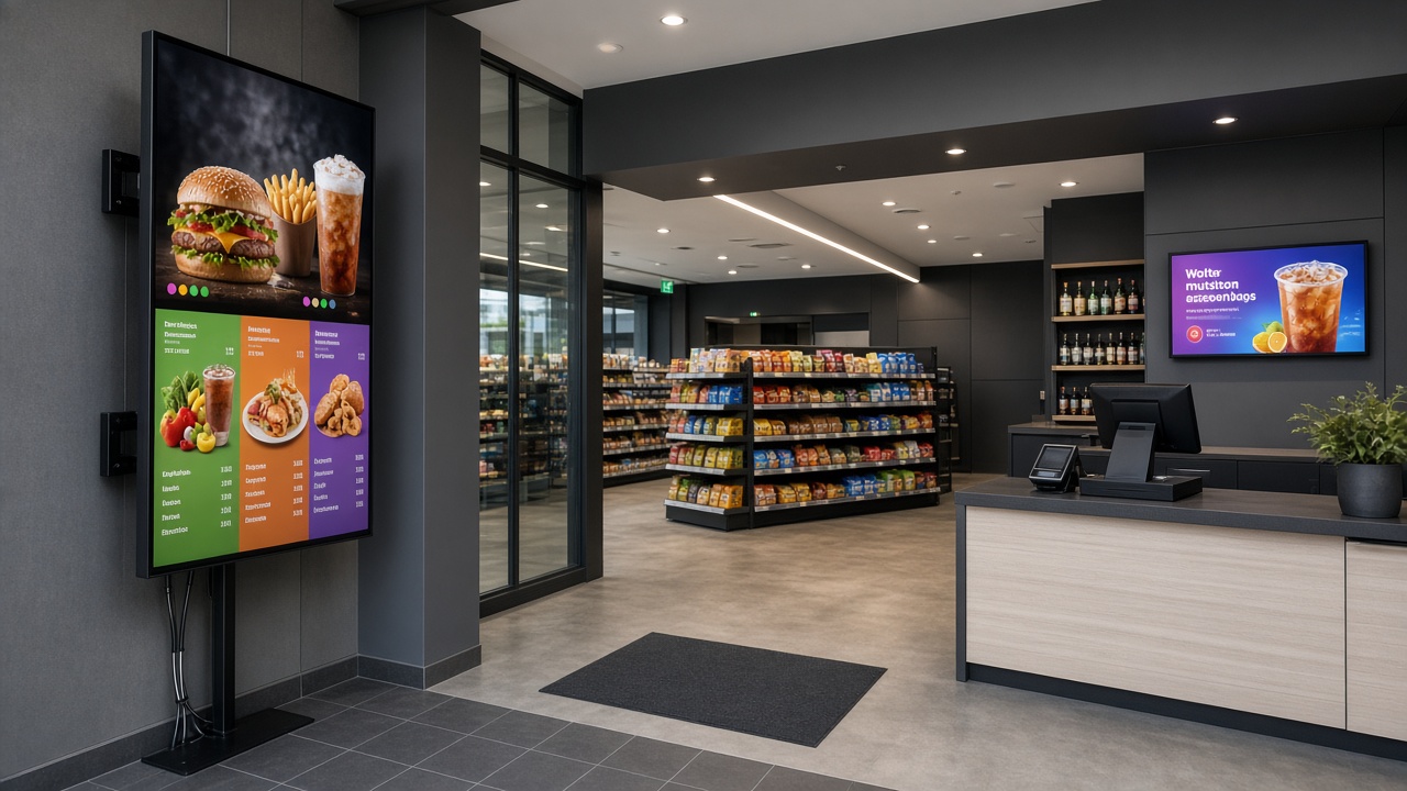 Retail entrance zone with vertical digital menu board and promotional screen near checkout